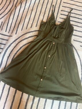 Amazon Olive Green Midi Dress with Front Tie and Button Skirt